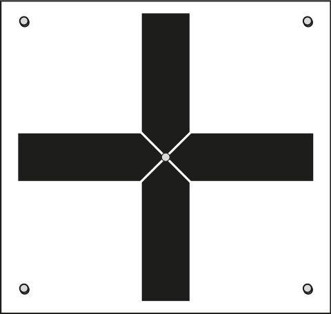 A black and white cross with a hole in the middle on a white background.