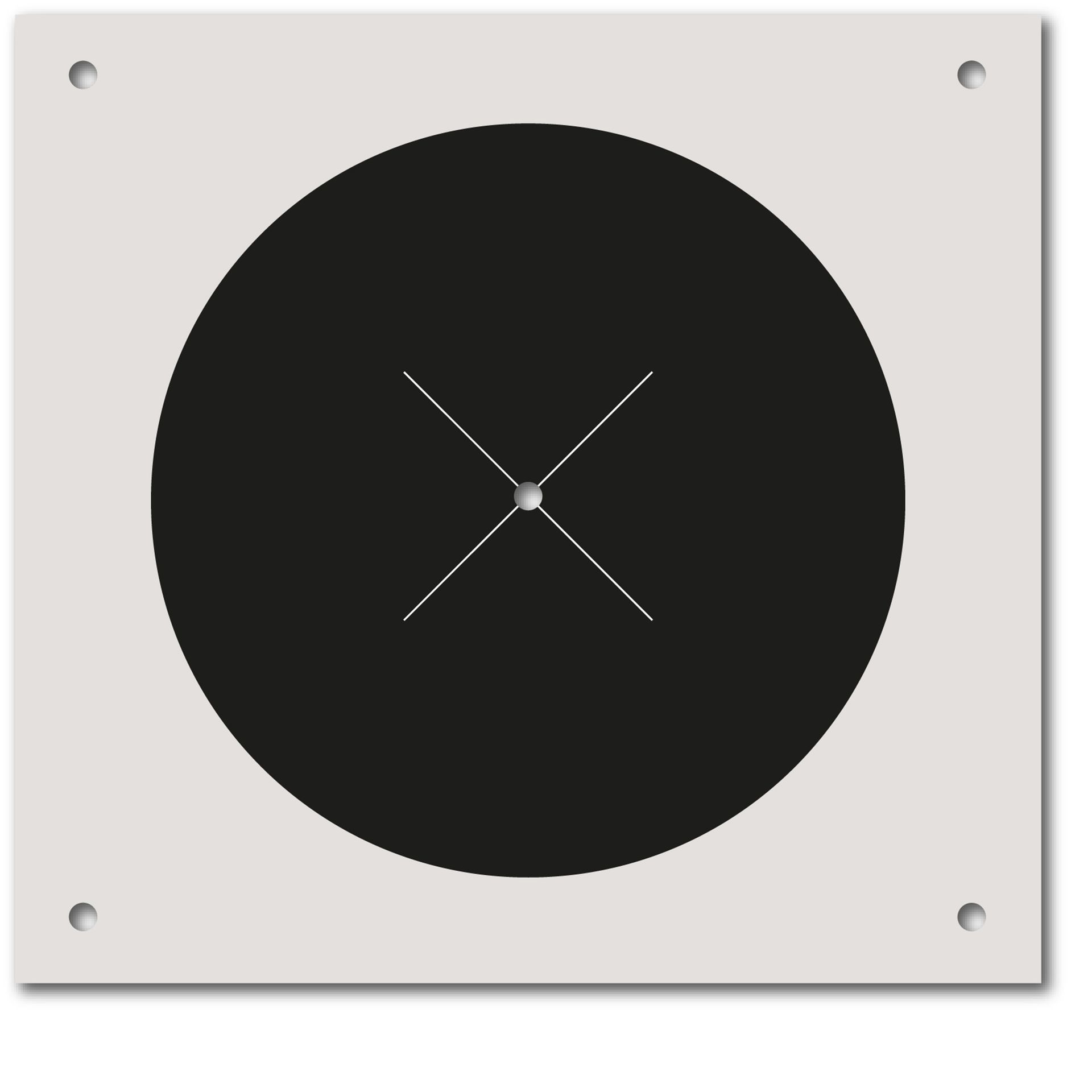 A clock with a black circle and silver hands on a white background