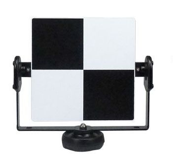 A black and white checkered board on a stand