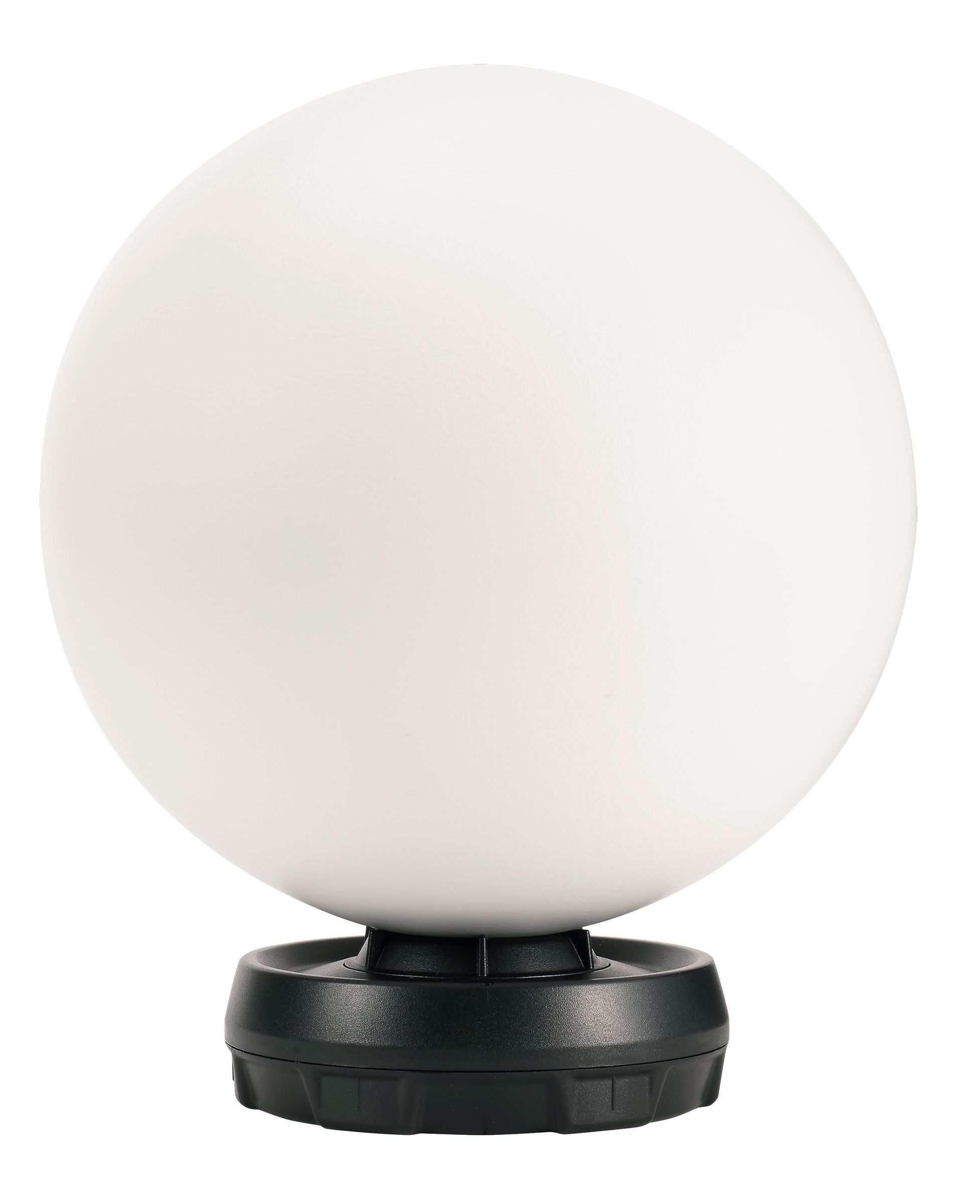 A white ball on a black base on a white background.