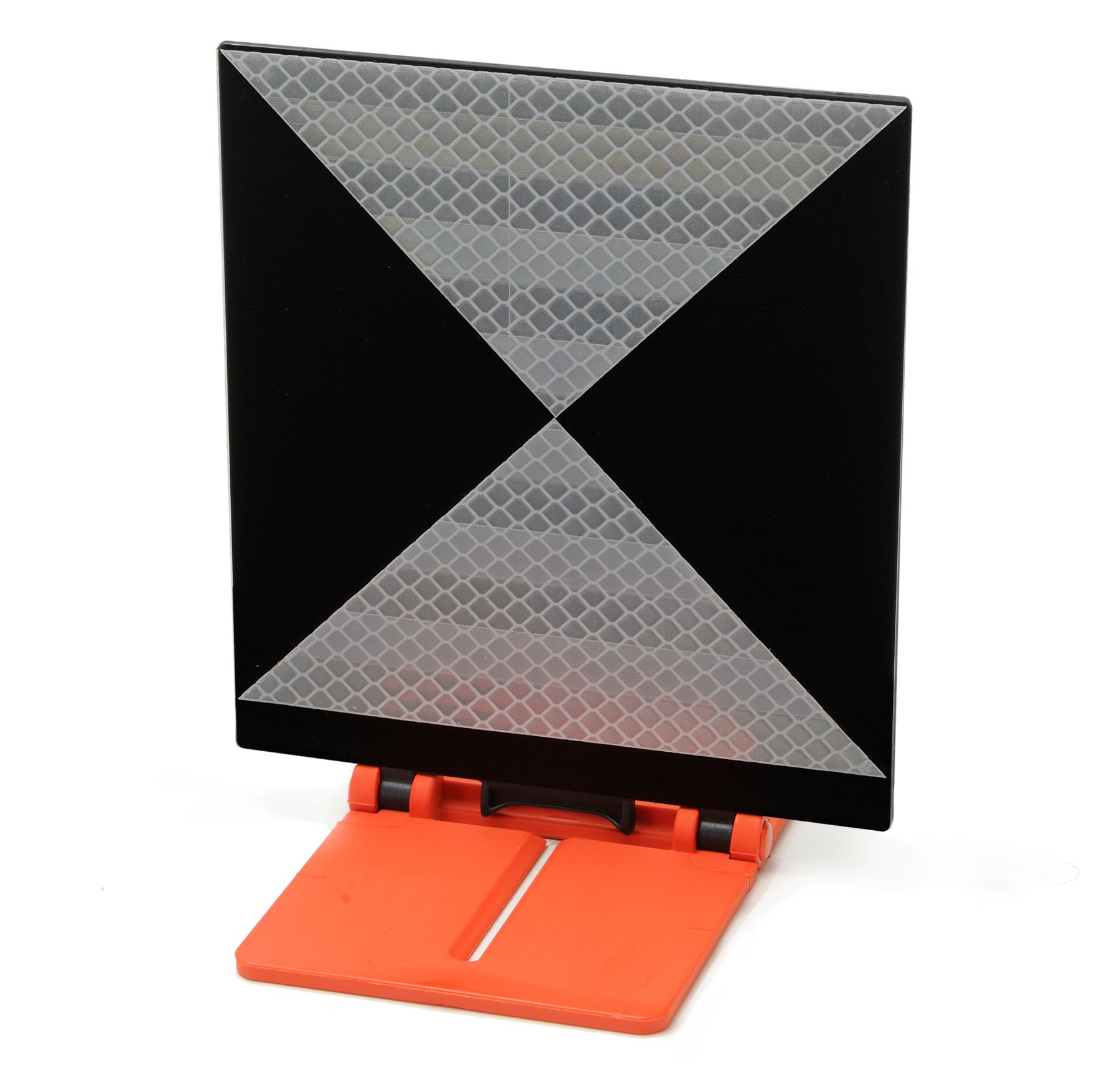 A black and white square on an orange stand