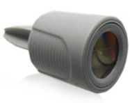A close up of a camera lens on a white background.