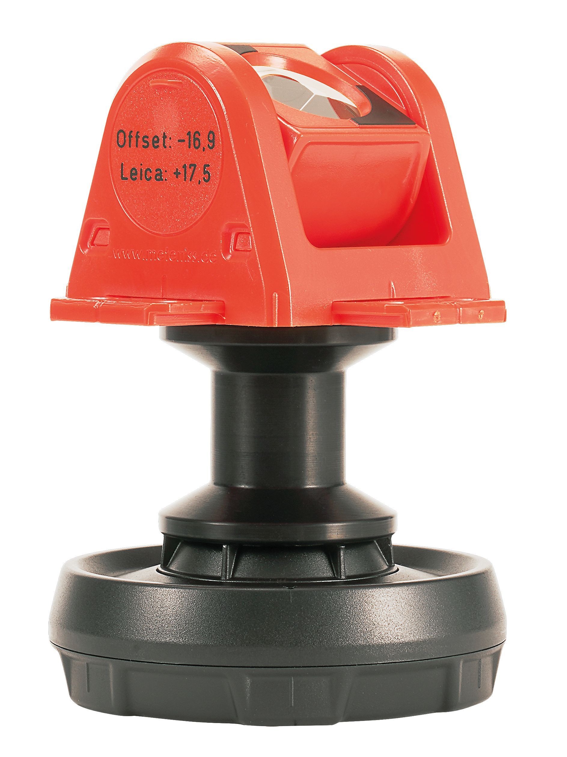 A red and black object with a black base on a white background