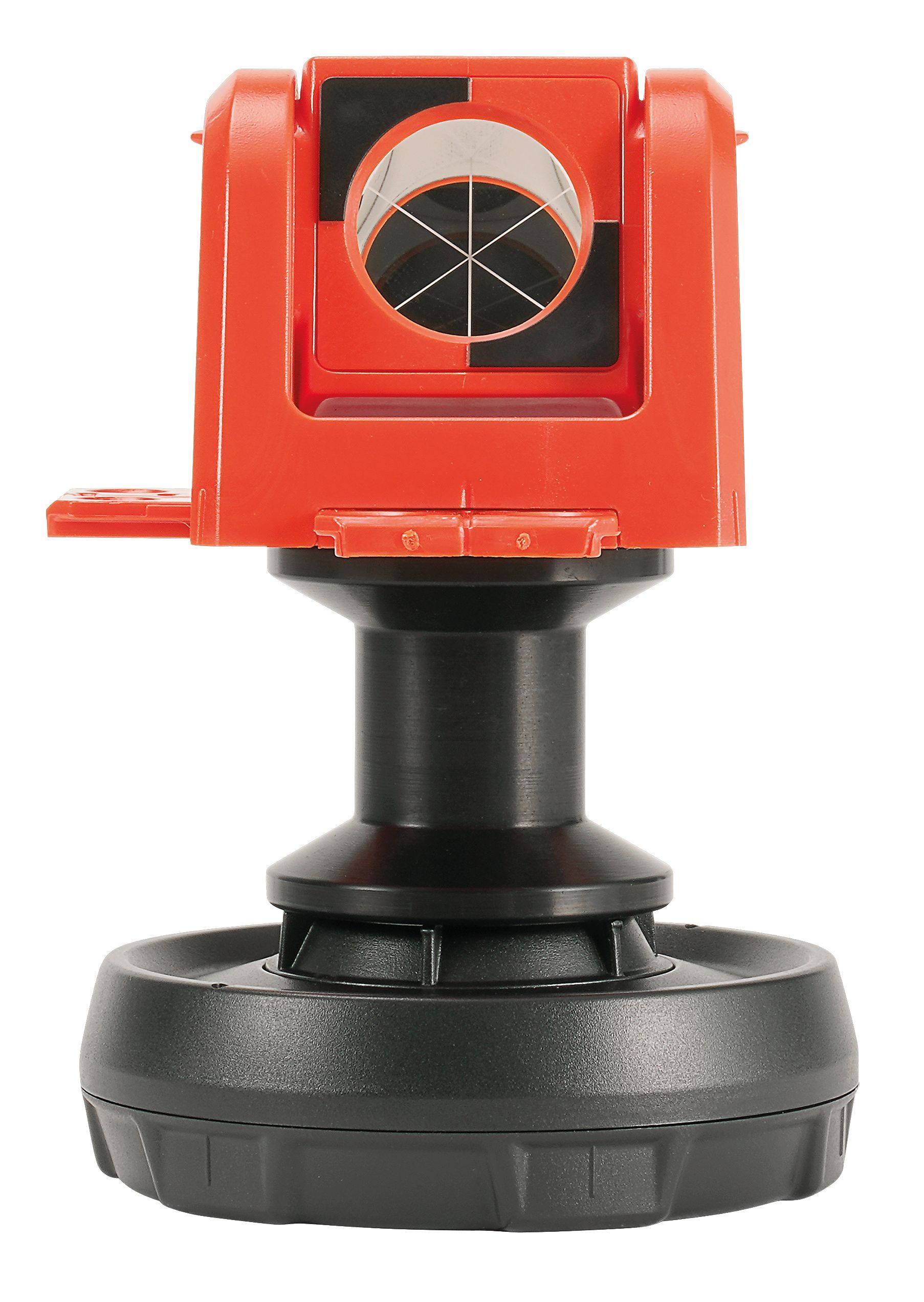 A red and black object with a black base on a white background