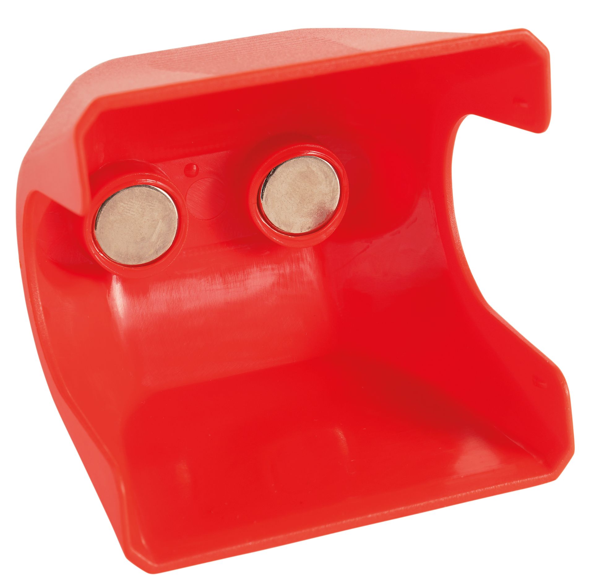 A red plastic object with two magnets on it