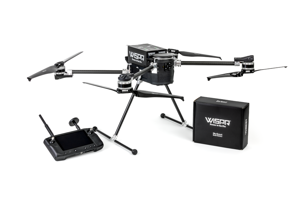 A drone with a camera and a remote control on a white background.