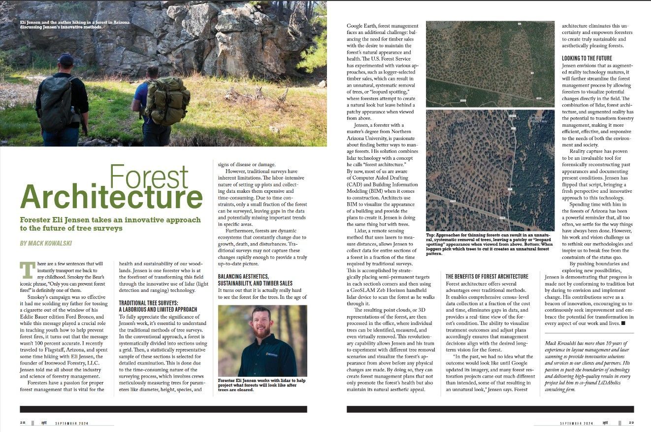 A magazine opened to a page titled forest architecture
