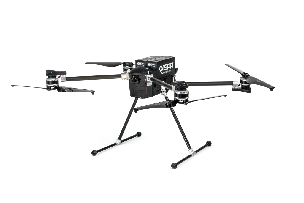 A drone is sitting on a stand on a white background.