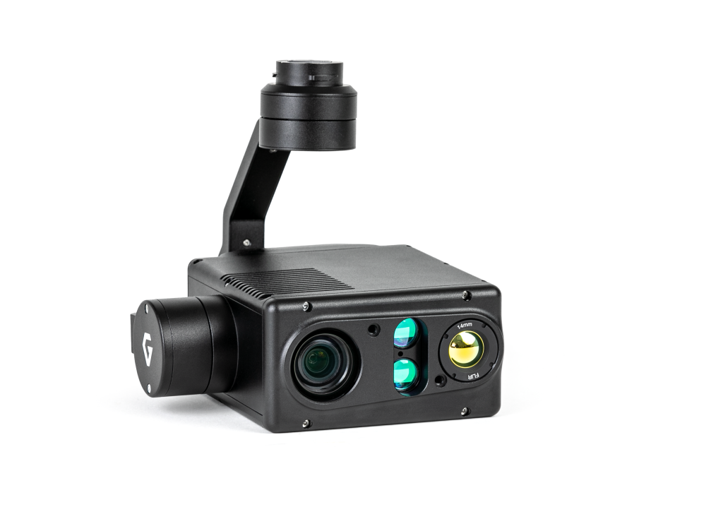 A black camera with two lenses on a white background.