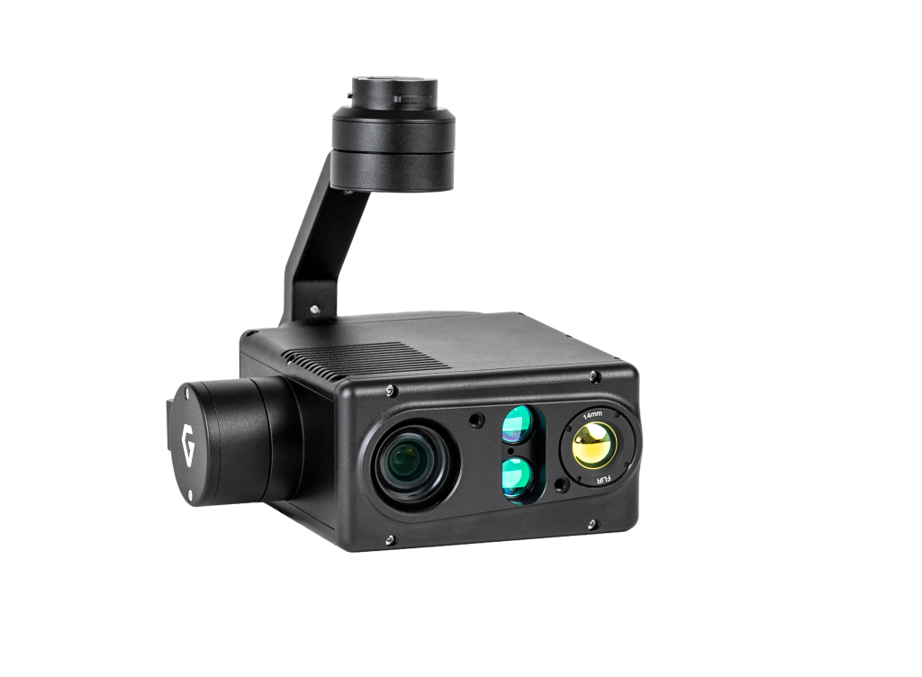 A black camera with two lenses on a white background.