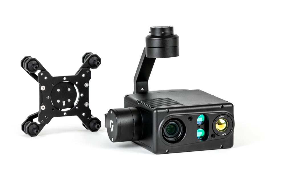 A drone with a camera attached to it on a white background.