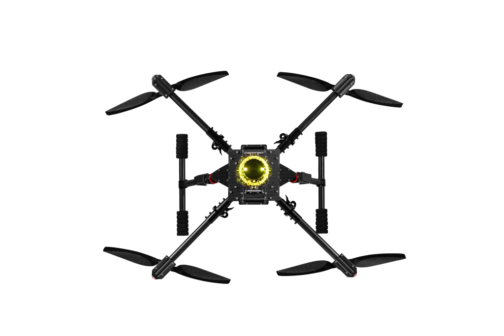 A drone with a camera attached to it is flying in the dark