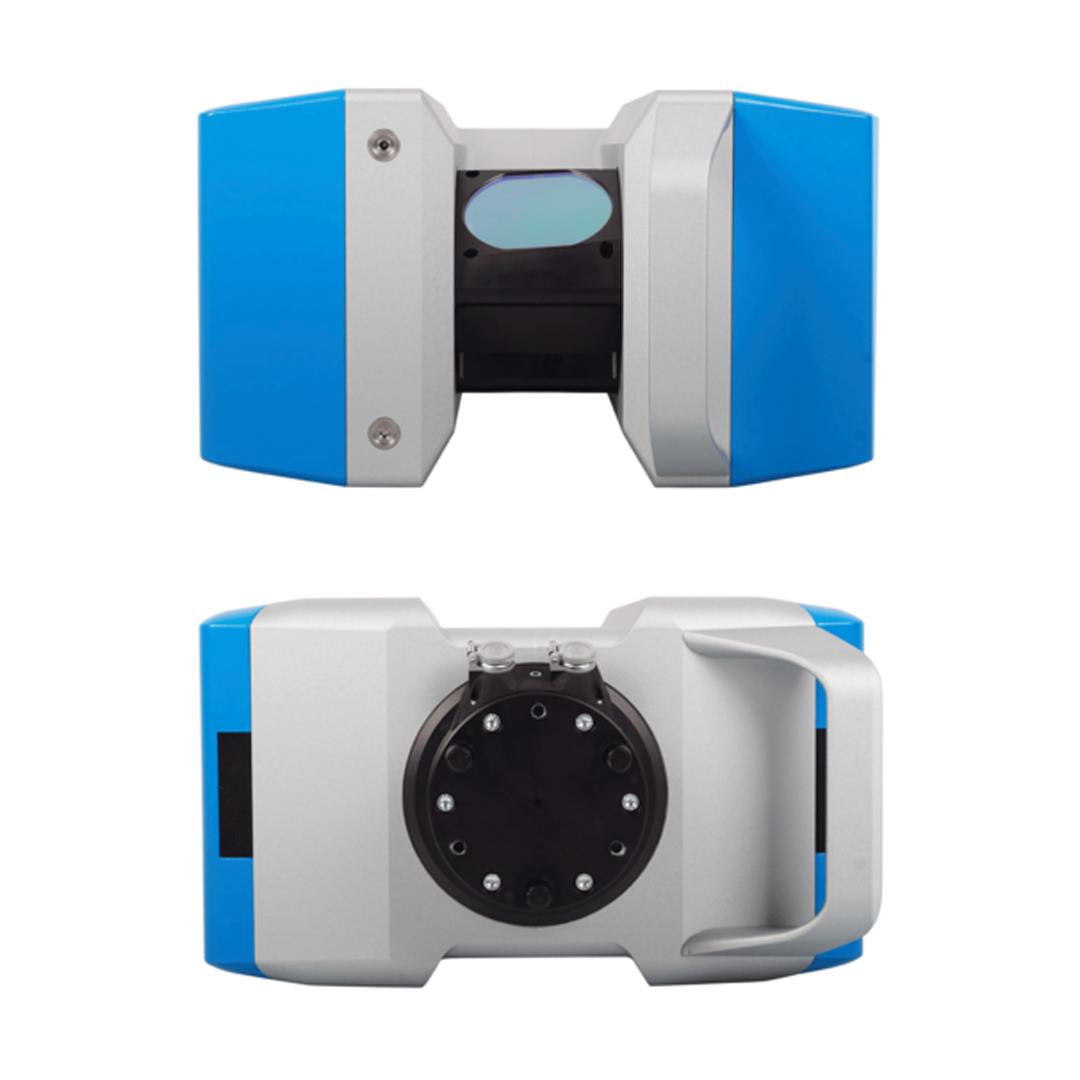 The front and back of a blue and white device