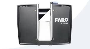 A close up of a faro focus device on a white background.
