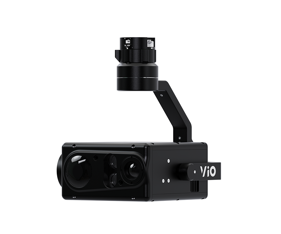 A black camera with a gimbal attached to it on a white background.