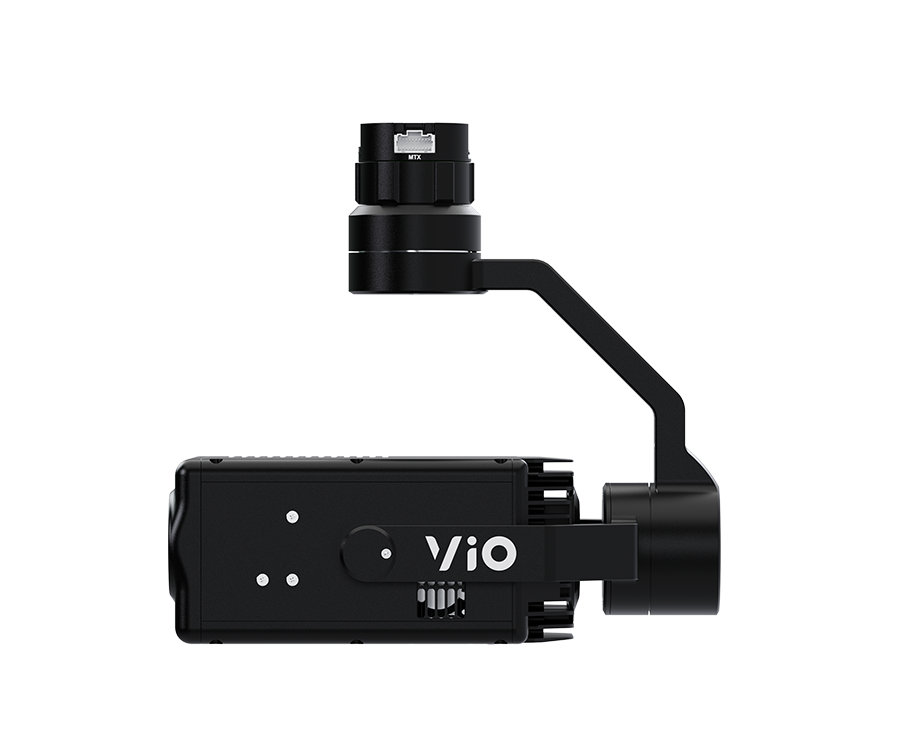 A black camera with a gimbal attached to it on a white background.