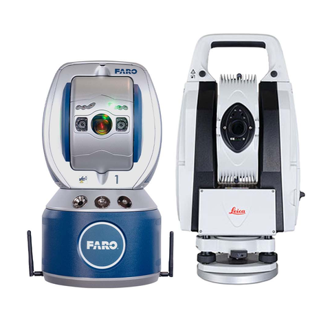A faro and leica total station are sitting next to each other on a white background.