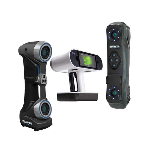 Three 3d scanners are sitting next to each other on a white background.