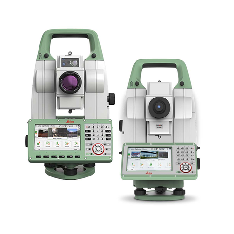Two total stations are sitting next to each other on a white background.
