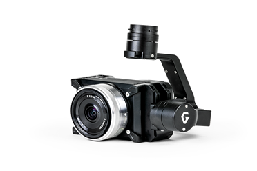 A camera with a gimbal attached to it on a white background.