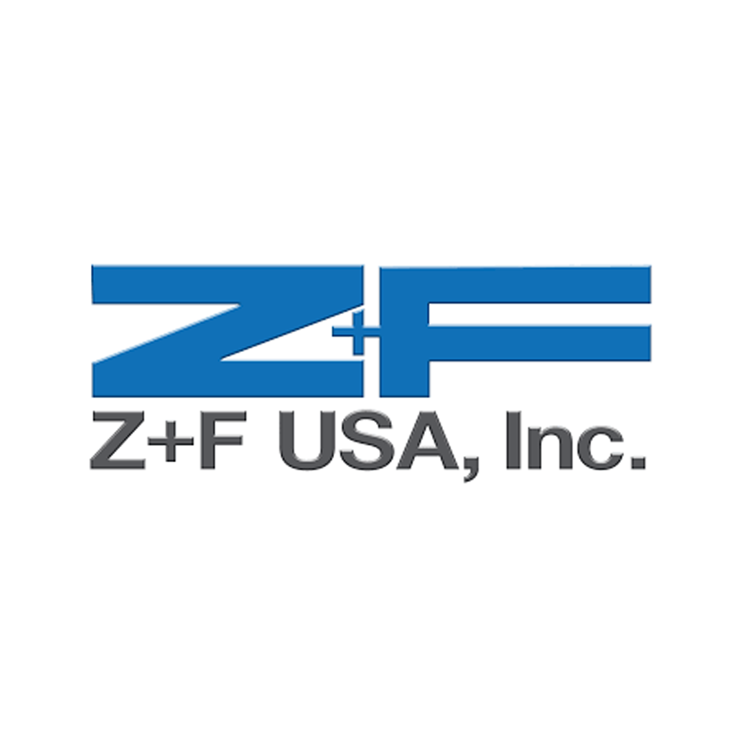 A blue and white logo for z + f usa inc.