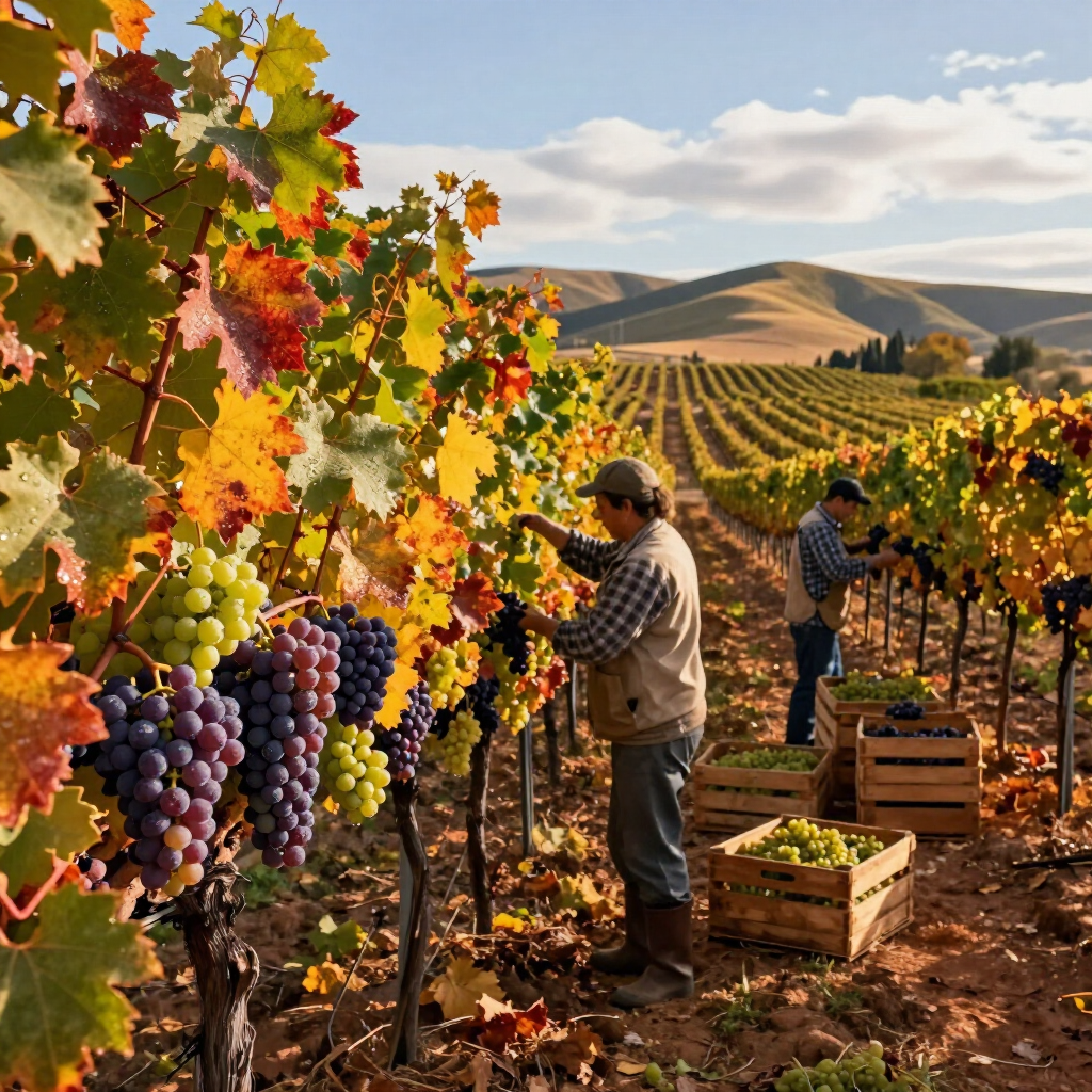 Trabajadores cosechando uvas en un viñedo, día soleado con follaje colorido, cajas de uvas.