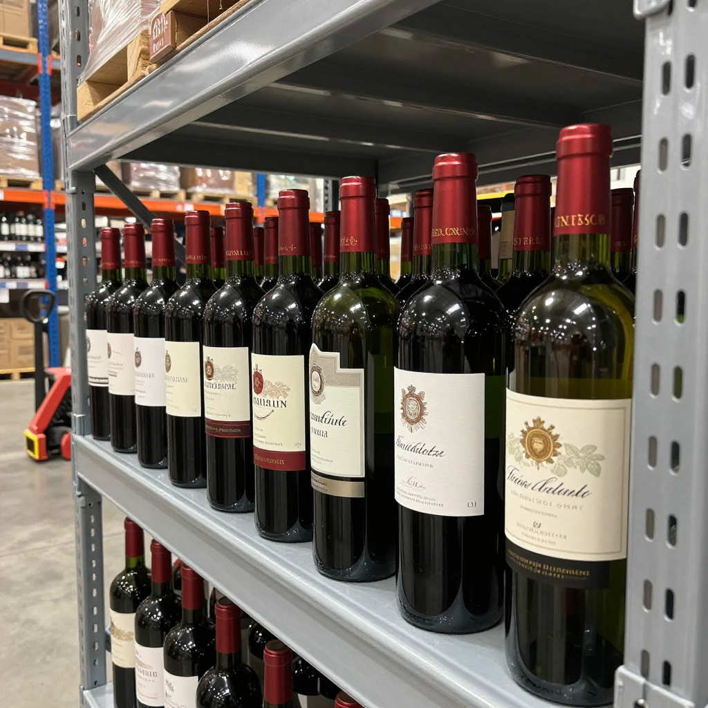 Fila de botellas de vino tinto en un estante de metal en un almacén.