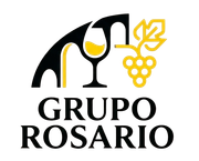 Logotipo para Grupo Rosario: Una copa de vino estilizada con detalles arqueados, uvas y texto.