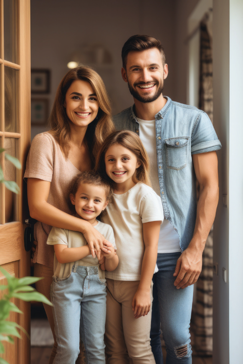 Family of four smiling, posing by doorway; mother with arms around daughters, father standing beside.
