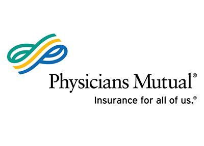 Physicians Mutual logo with an intertwined infinity symbol in green, yellow, and blue. Text: Insurance for all of us.