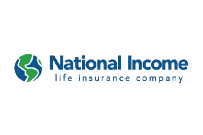 Logo for National Income life insurance company: Globe icon, blue/green; text 
