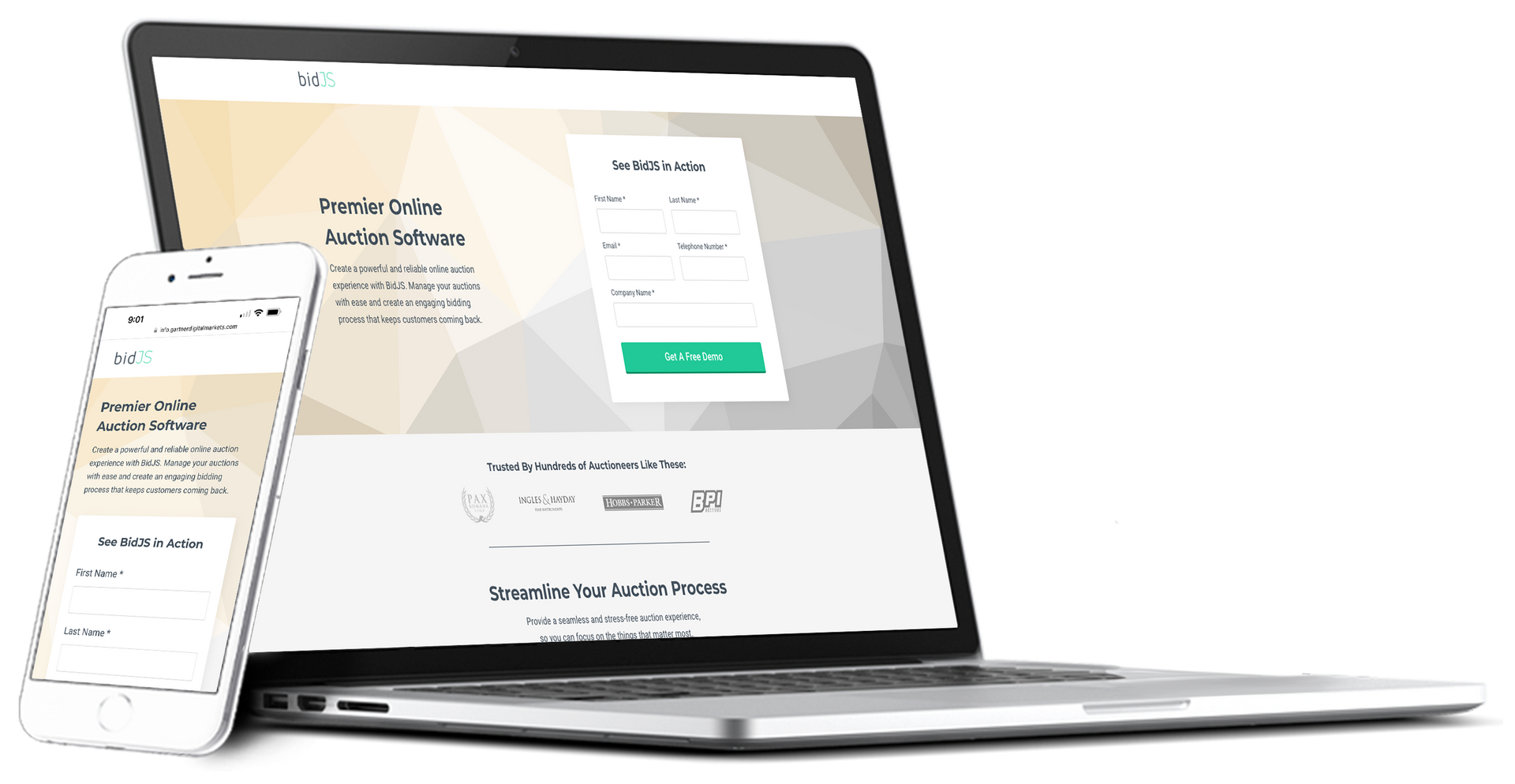 A composite image of the ProjectTeam landing page, shown on both desktop and mobile