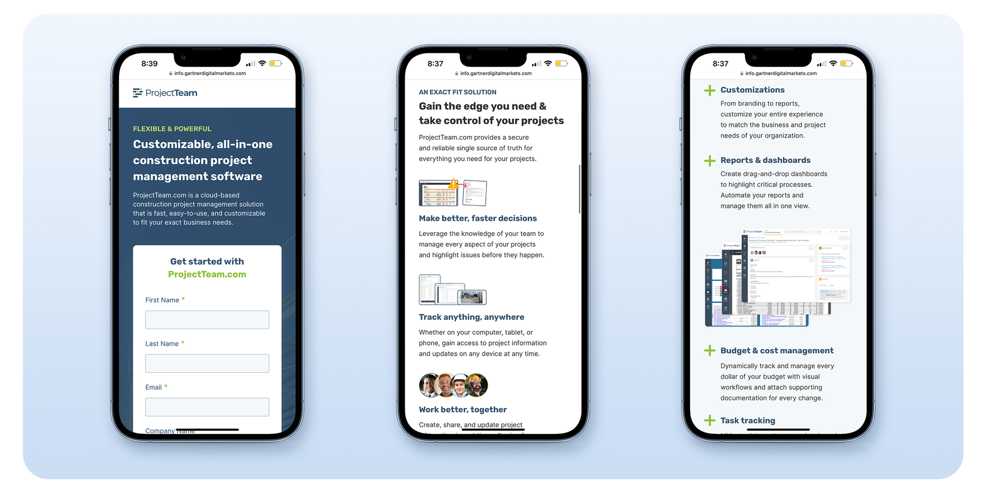 3 screenshots of the landing page, optimized for mobile