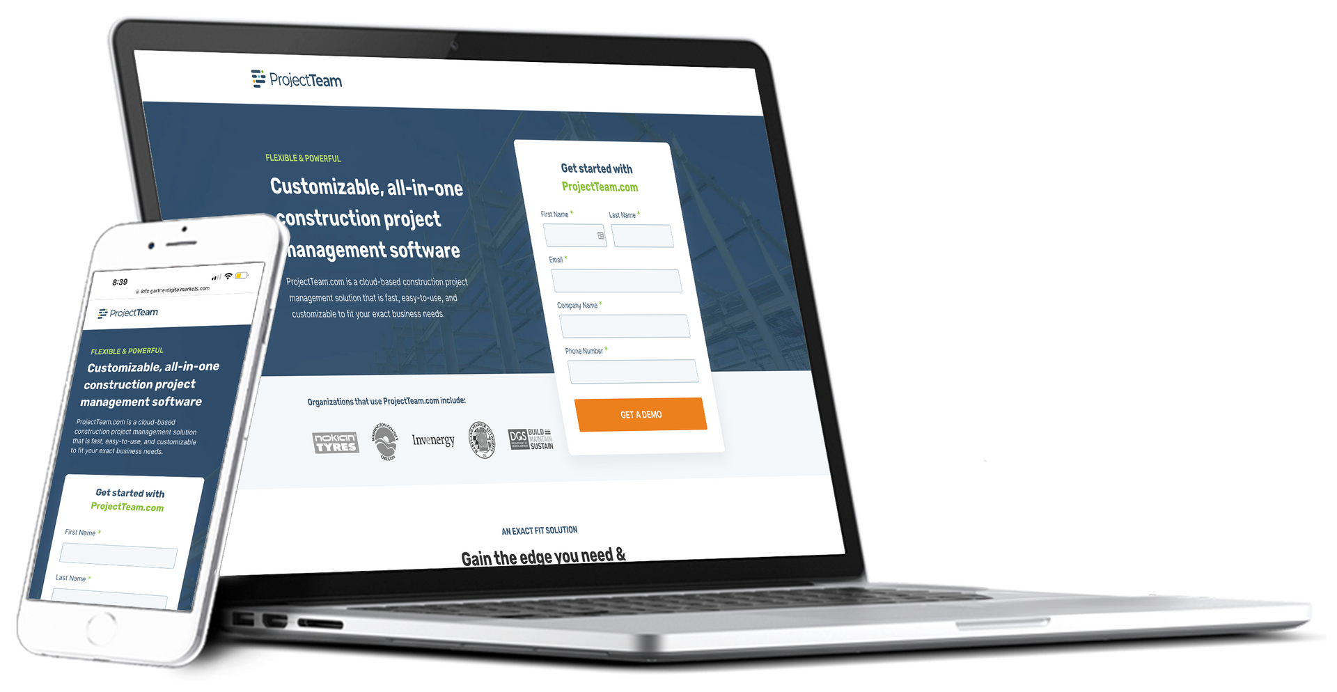 A composite image of the ProjectTeam landing page, shown on both desktop and mobile