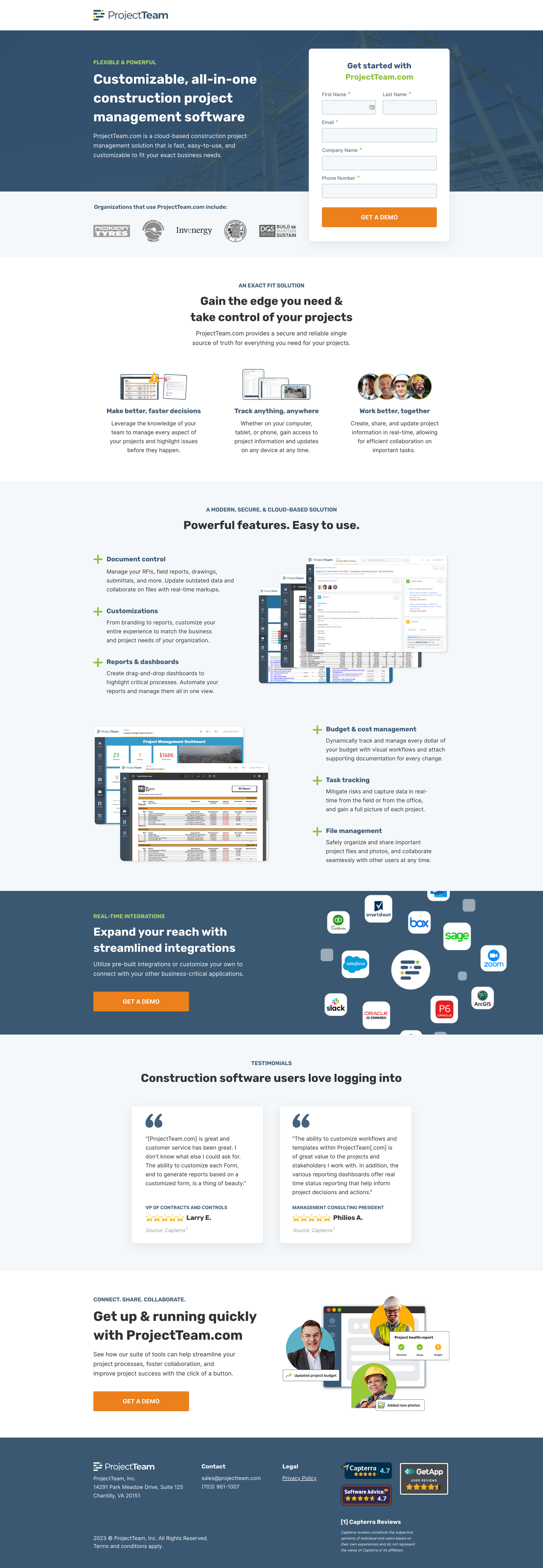 A complete screenshot of the ProjectTeam, Inc. landing page, showcasing layout and design