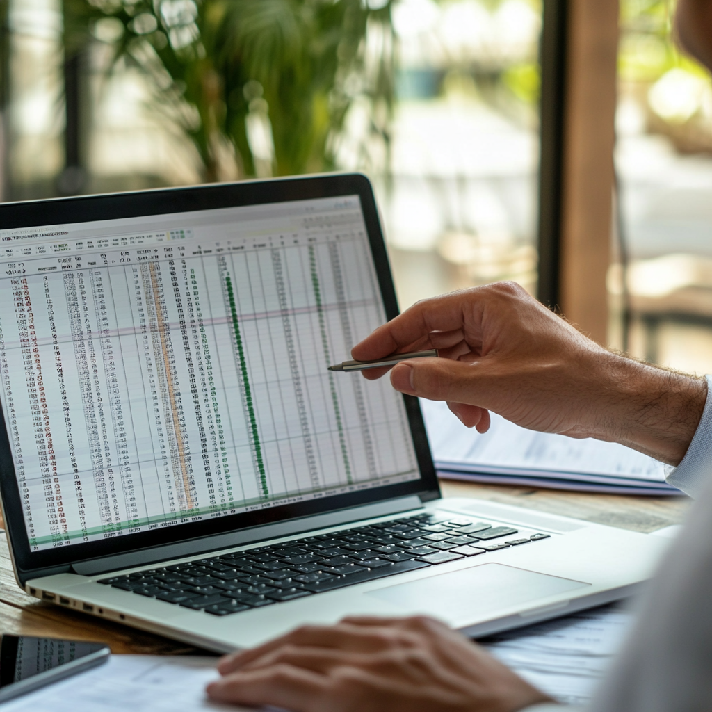 Person points at data on a laptop screen, likely reviewing spreadsheets.