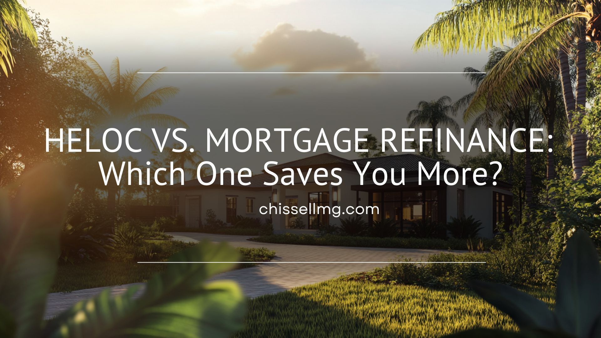 A picture of a house with the words heloc vs. mortgage refinance which one saves you more