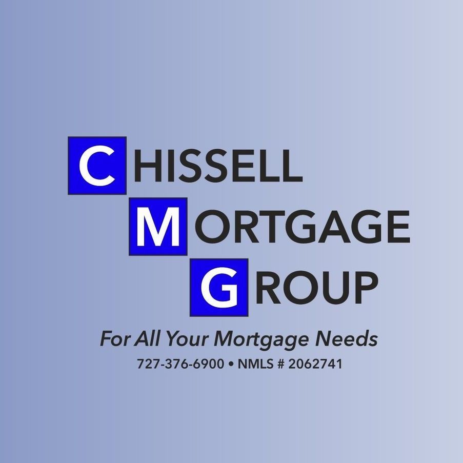 Chissell Mortgage Group logo with blue CMG squares, white text, and contact information on a blue gradient background.