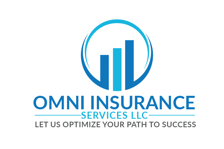 A blue and white logo for omni insurance services llc.