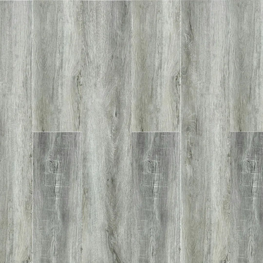 A close up of a gray tile floor that looks like wood.