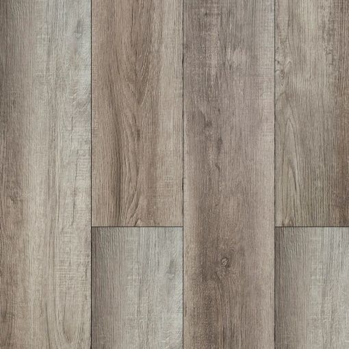 A close up of a LVP wooden floor with a gray and white grain.