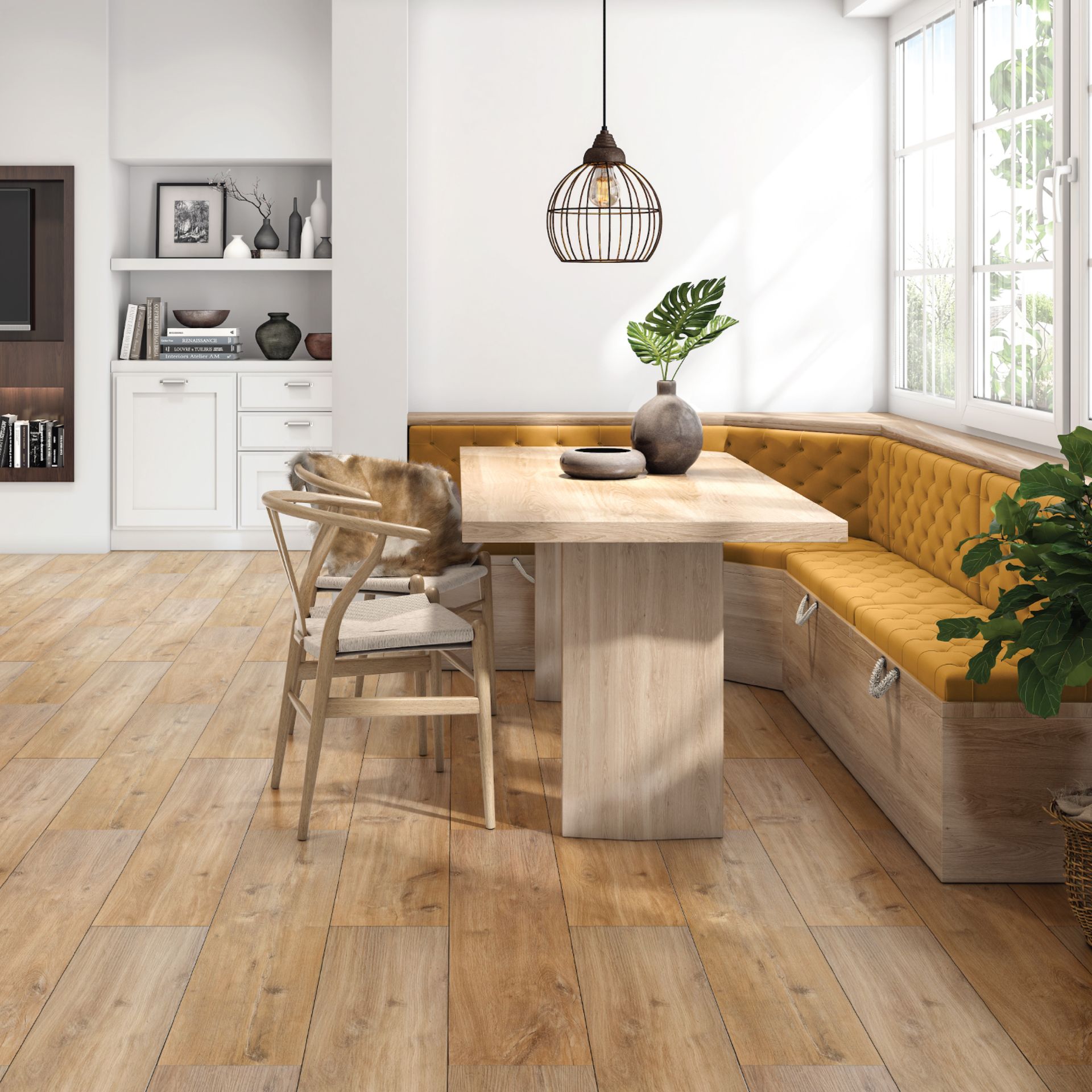A dining room with a wooden table and chairs