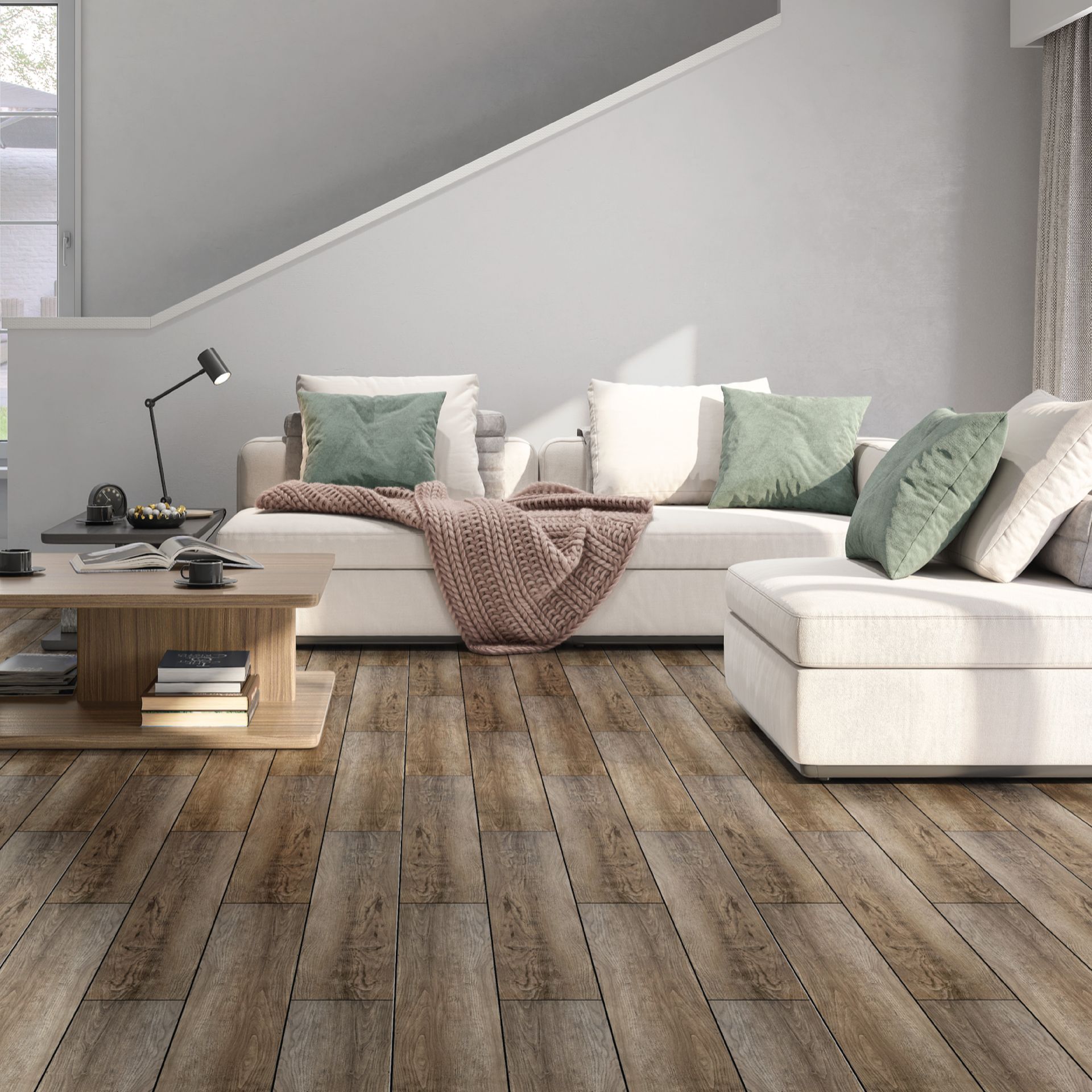 A living room with a couch and a coffee table