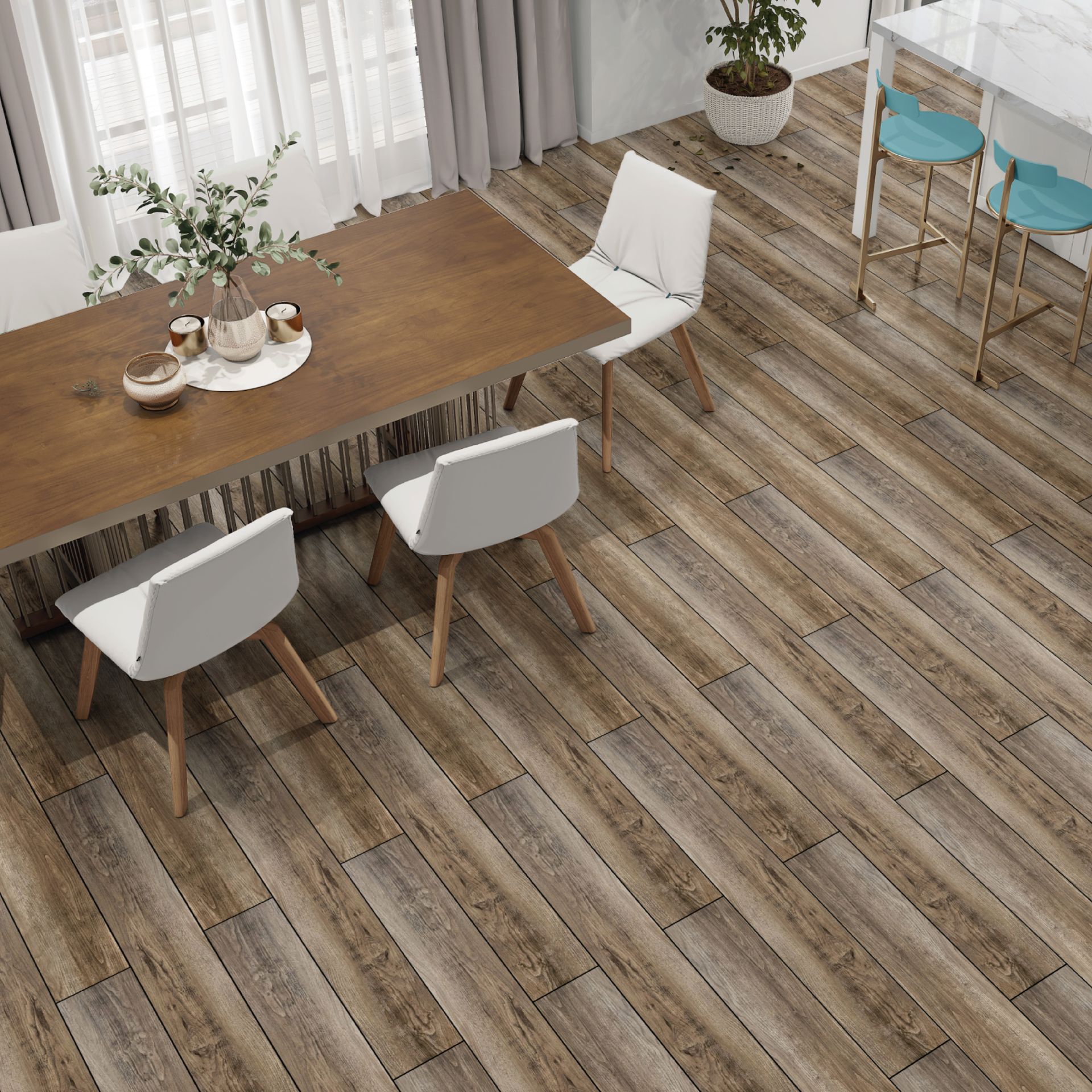 A dining room with a wooden table and chairs and a wooden floor.