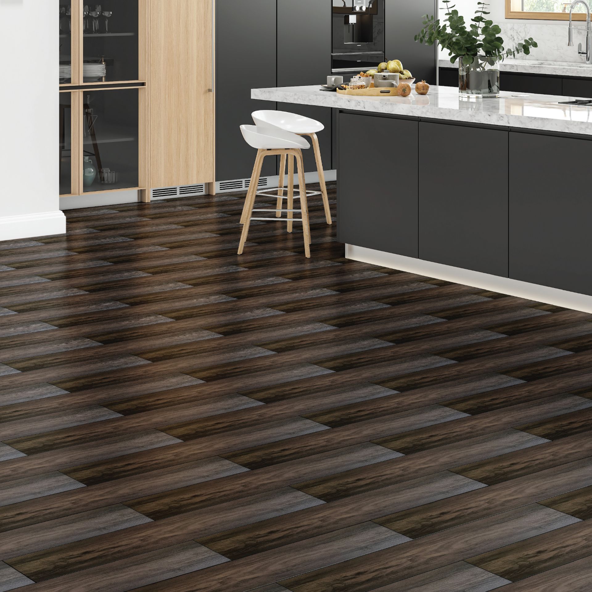 A kitchen with a LVP wooden floor and stools