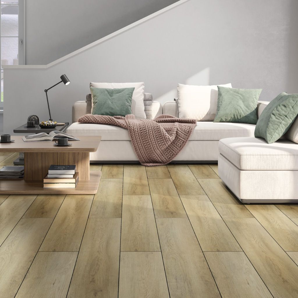 A living room with a couch and a coffee table