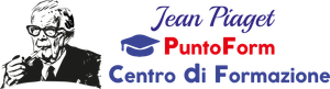 Logo per Jean Piaget PuntoForm Centro Di Formazione con icona nera raffigurante un ritratto e testo blu e rosso