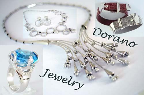 Dorano Jewelry: Silver necklaces, earrings, ring with blue stone, and red/silver bracelets.