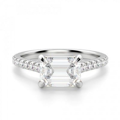 Diamond engagement ring, emerald cut center stone with diamond band.