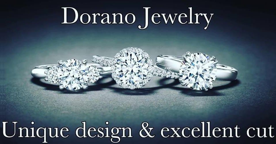 Dorano Jewelry: Three diamond rings on a gray surface, with text overlay.